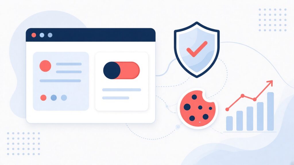 Illustration of Google Consent Mode: consent toggle, shield and analytics