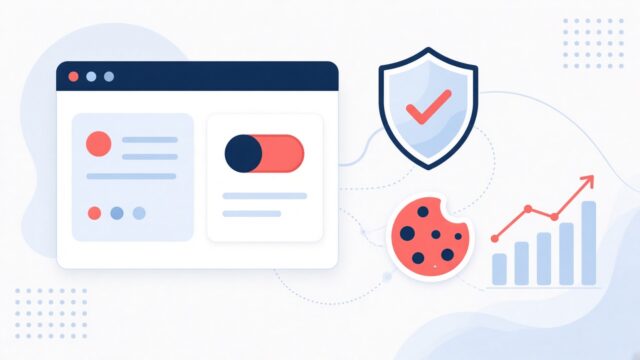 Illustration of Google Consent Mode: consent toggle, shield and analytics