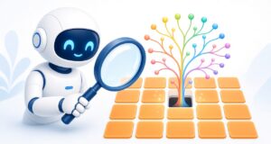 Robot with a magnifying glass over tiles that open into a mind map.