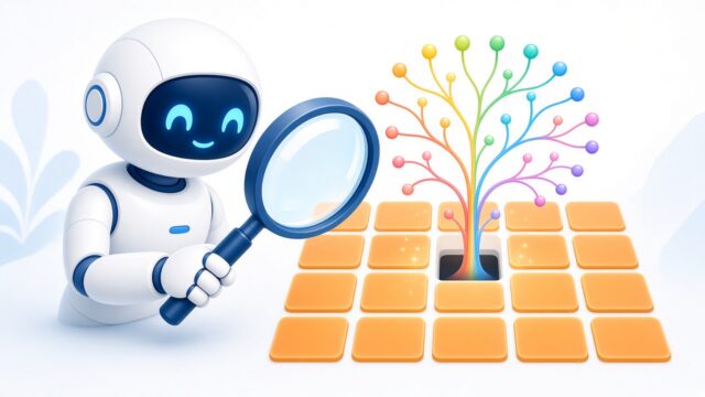 agentx-demo-featured Robot with a magnifying glass over tiles that open into a mind map.