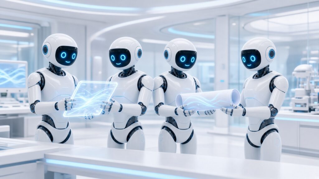 Robots passing instructions to each other along a modern workspace.