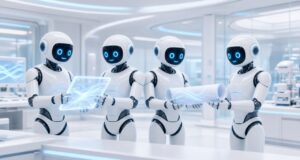 Six Months After OpenClaw: Running My Own AI Agent Team Robots passing instructions to each other along a modern workspace.