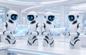 Six Months After OpenClaw: Running My Own AI Agent Team Robots passing instructions to each other along a modern workspace.