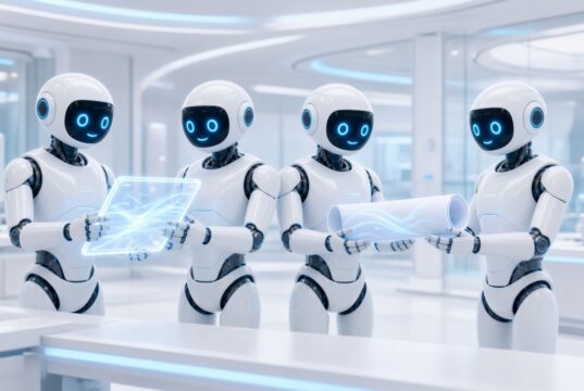 Six Months After OpenClaw: Running My Own AI Agent Team Robots passing instructions to each other along a modern workspace.