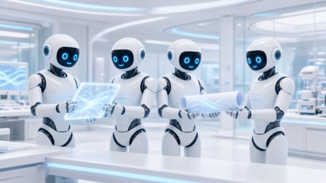 Robots passing instructions to each other along a modern workspace.